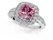 Bezel-Framed Halo Engagement Ring Setting for Fancy Pink Cushion Cut Center with Pave Band and Prong Head in White Gold