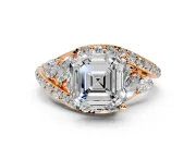 Halo Engagement Ring Setting for Asscher Cut Center with Marquise and Pave Bypass Band and Prong Head in Rose Gold
