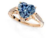 Cathedral Engagement Ring Setting for Fancy Blue Heart-Shaped Center with Antique-Style Pave Band and Prong Head in Rose Gold