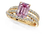 Solitaire Engagement Ring Setting for Fancy Pink Emerald Cut Center with Woven 3-Strand Pave Band and Prong Head in Yellow Gold