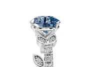 Leaf Motif Engagement Ring Setting for Fancy Blue Round Cut Center with Pave Band and Prong Head in Platinum