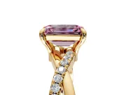Solitaire Engagement Ring Setting for Fancy Pink Emerald Cut Center with Half-Pave Crossover Band and Prong Head in Yellow Gold