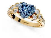 Cluster Engagement Ring Setting for Fancy Blue Heart-Shaped Center with Bezel Accent Clusters and Prong Head in Yellow Gold