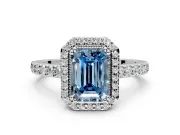 Halo Engagement Ring Setting for Fancy Blue Emerald Cut Center with Inner Milgrain Border and Prong Head in Sterling Silver